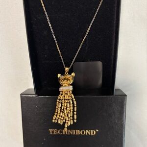 Technibond Gold-Tone Cat Tassel Pendant Necklace with Beaded Fringe crystal